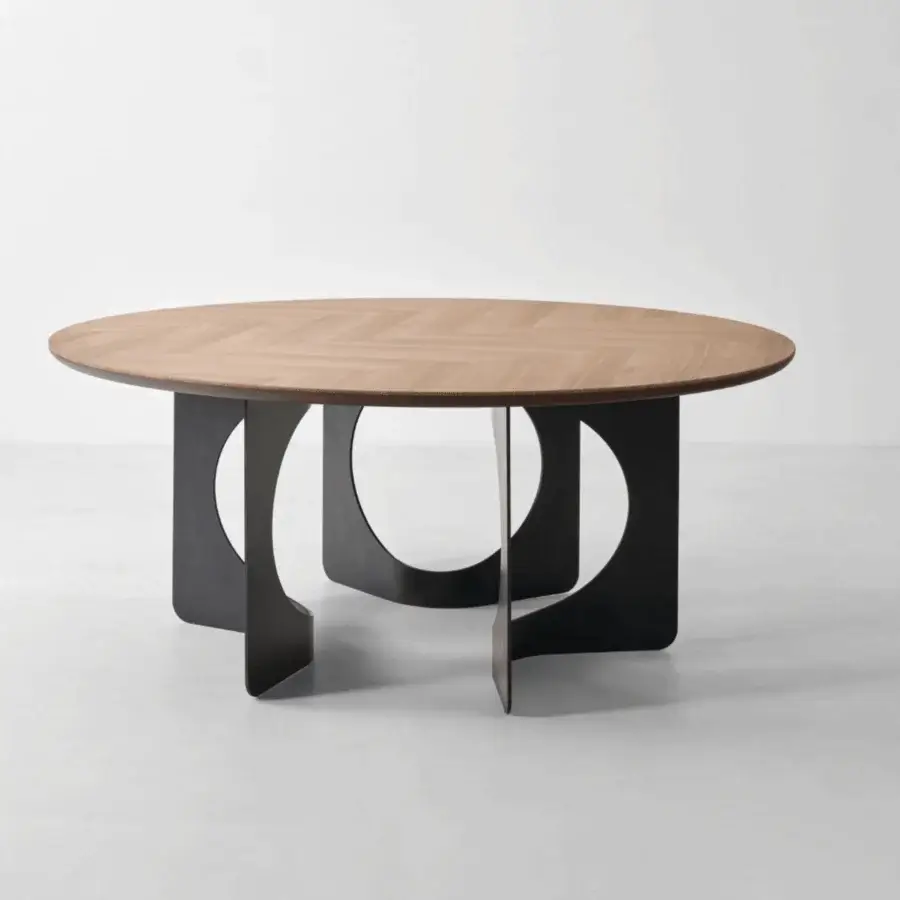 Luxurious Modesign Hole table featuring round silhouette with medium brown wooden top and dark grey metal base