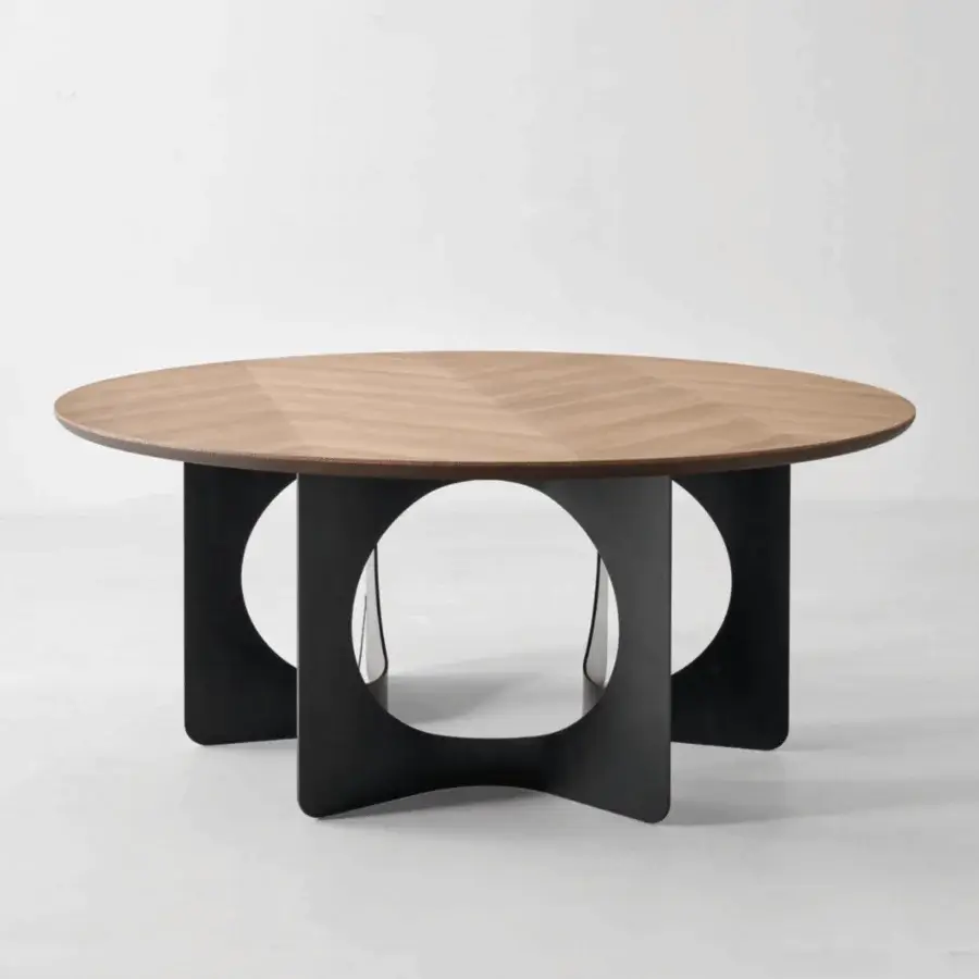 Exquisite Modesign Hole table with light wooden chevron top and dark matte metal architectural base