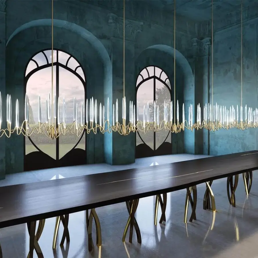 Exceptional Il Pezzo Mancante chandelier built with hand-forged brass and clear solid crystal illuminated with LED technology in gold finish