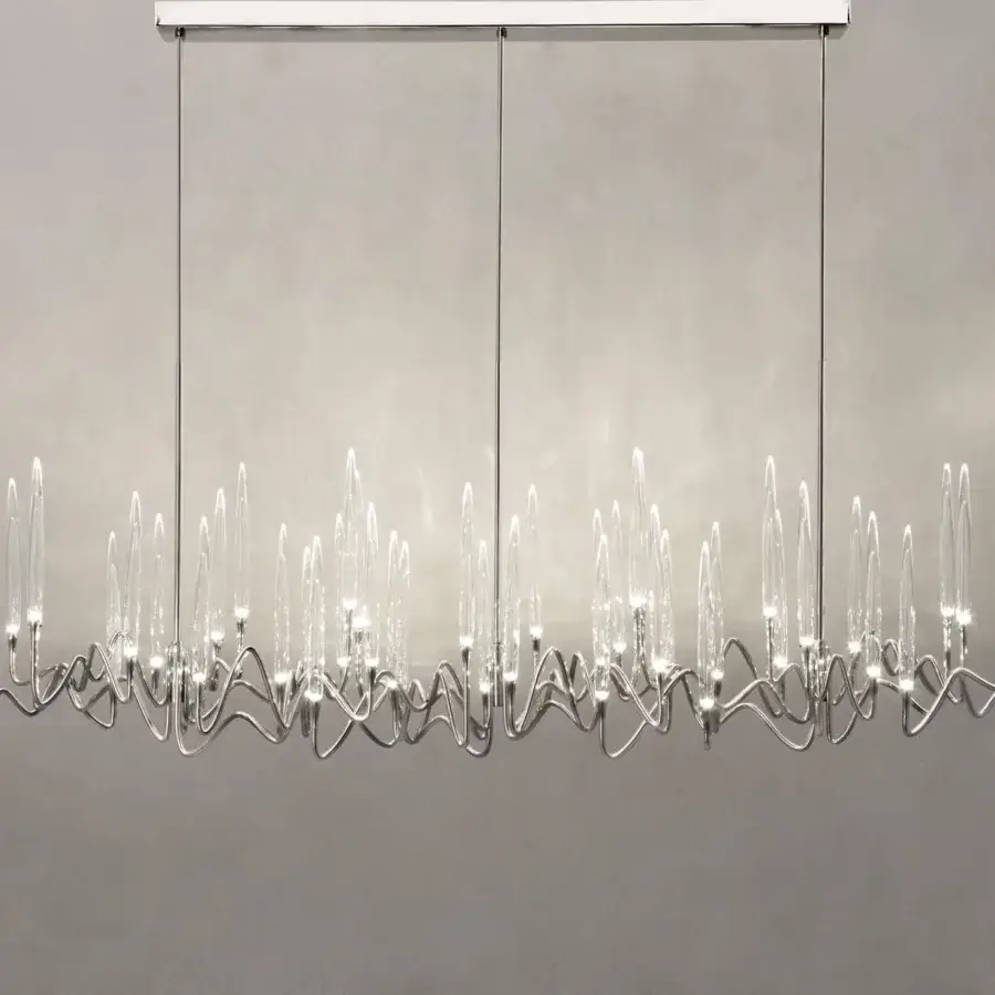 Superior Il Pezzo 3 Long Chandelier lighting with hand-forged brass and clear solid crystal diffusers in silver finish