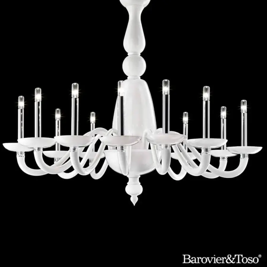 Elegant Barovier&Toso Palladiano chandelier crafted in glossy white glass with decorative spheres and gracefully curved arms