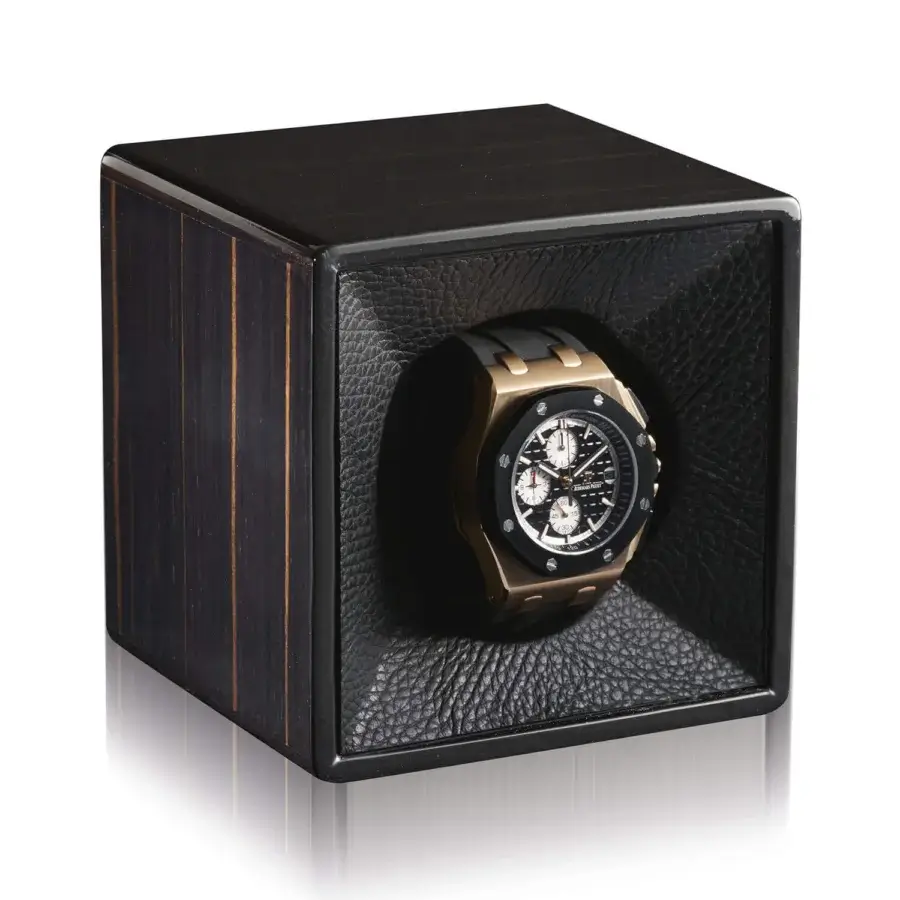 Elegant Agresti Tempo Unico watch winder in dark brown wood with golden striped grain and glossy finish