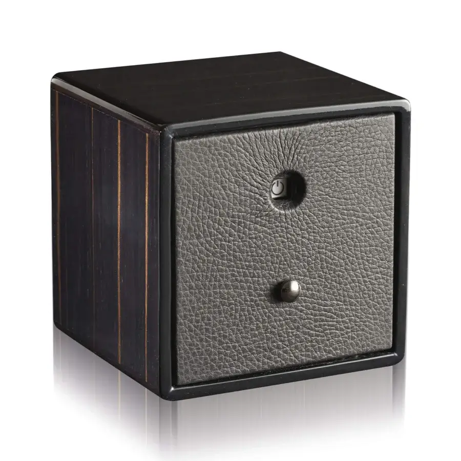 Luxury Agresti Tempo Unico watch winder with dark brown wooden casing, glossy finish, gray front and silver hardware