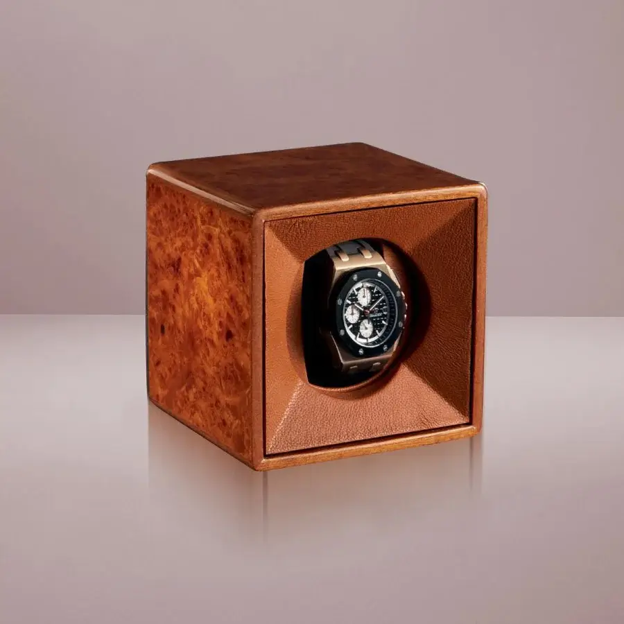 Sophisticated Agresti Tempo Unico watch winder showcasing medium brown wood with high gloss sheen and tan fabric