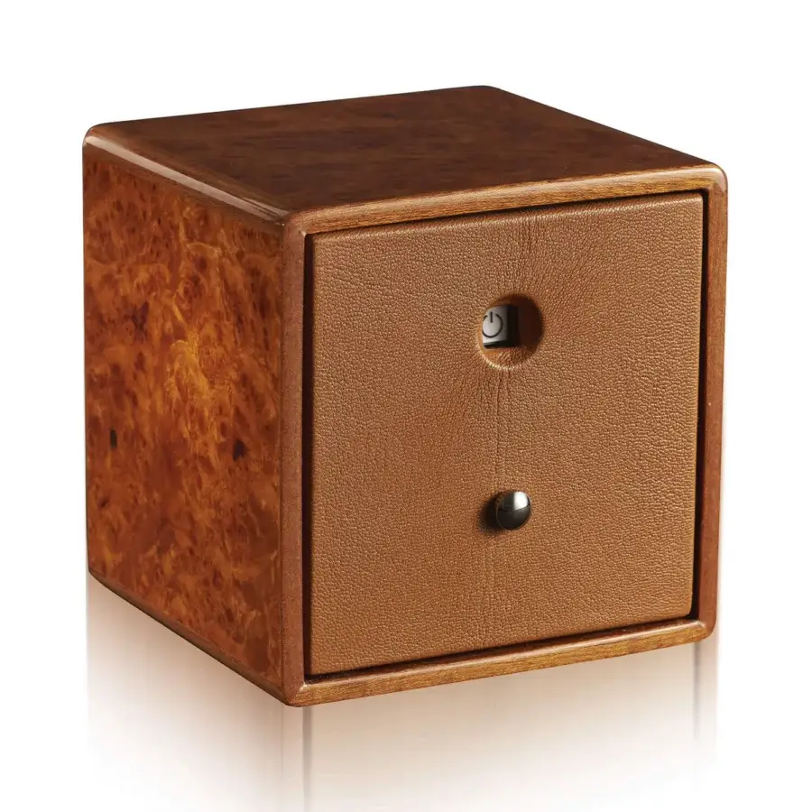 Elegant Agresti Tempo Unico watch winder in high-gloss premium wood with intricate burl grain and matte tan leather lining