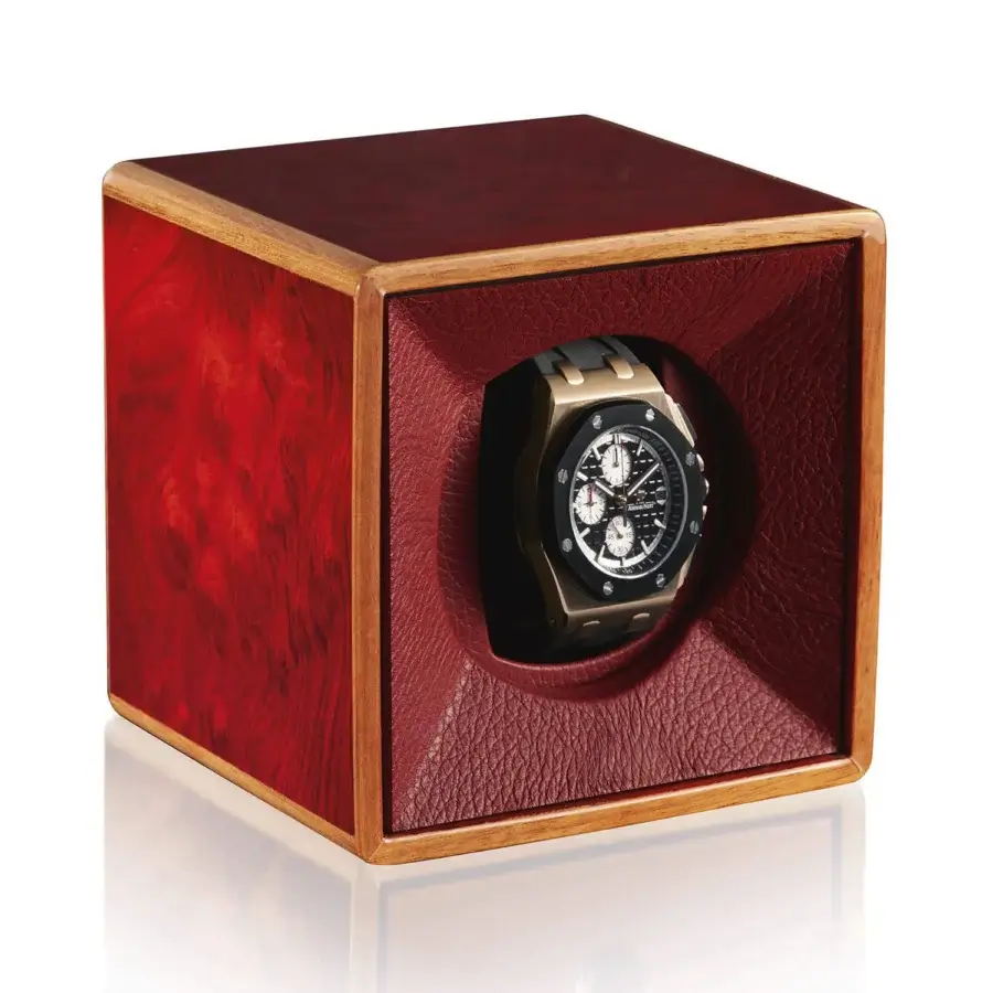 Elegant Agresti Tempo Unico watch winder in burled wood with glossy finish plus leather interior and amber-brown trim
