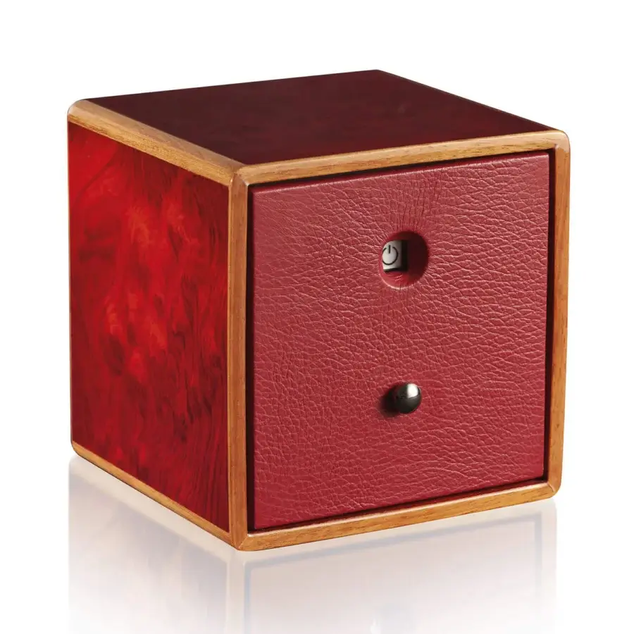 Exquisite Agresti Tempo Unico watch winder in wood with high gloss swirling grain and deep red textured leather panel