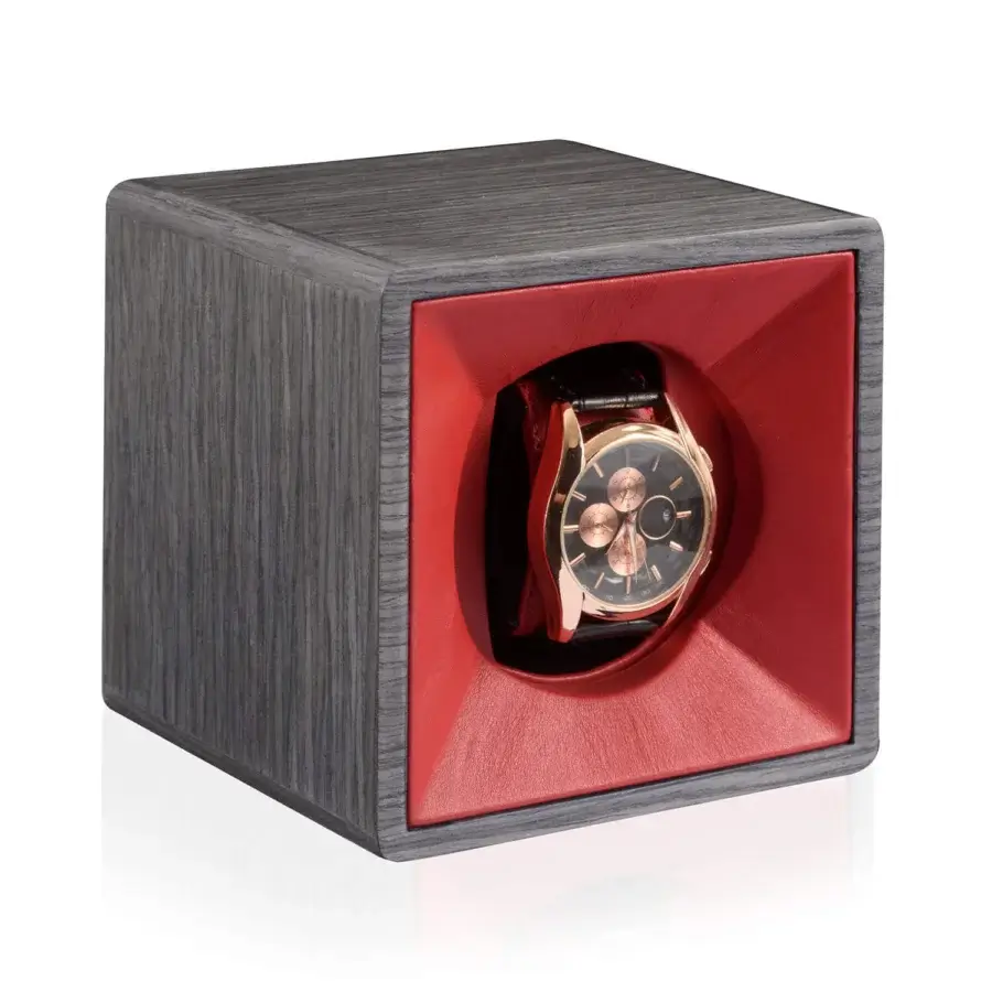 Luxury Agresti Tempo Unico watch winder in grey wood with straight-grained pattern and recessed red textile aperture