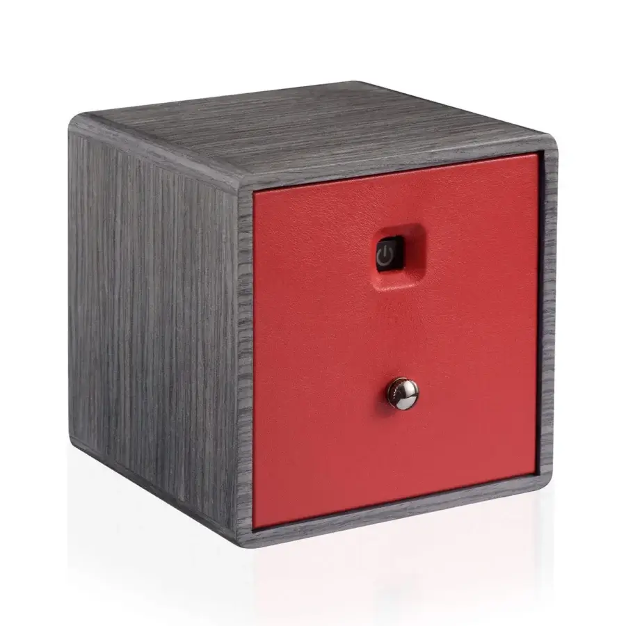 Sophisticated Agresti Tempo Unico watch winder in textured matte grey wood and vibrant red panel with metallic knob