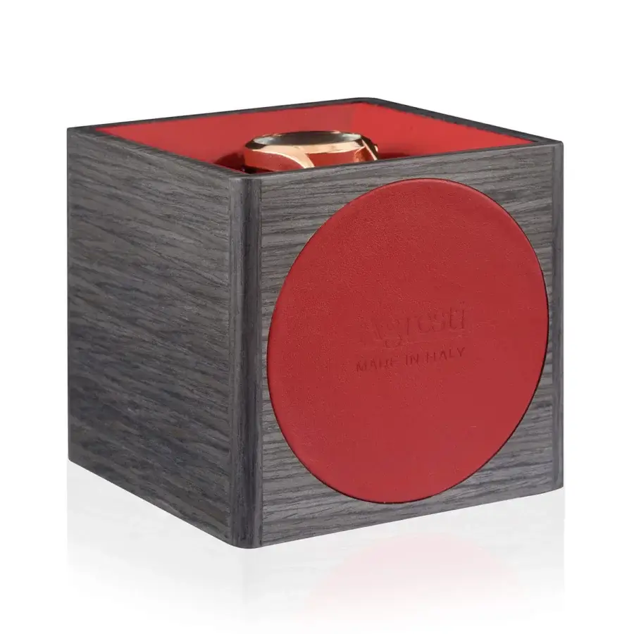 Luxury Agresti Tempo Unico watch winder in cubic wood with charcoal-grey textured grain finish and vibrant red interior