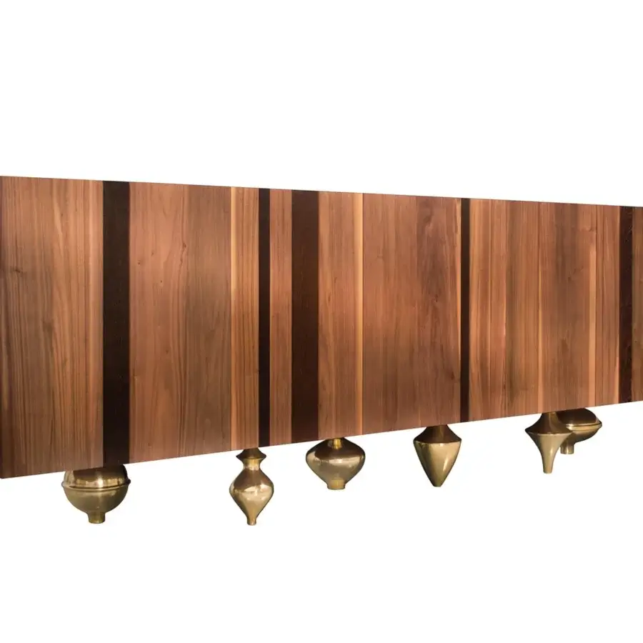 Exquisite Il Pezzo Mancante Il Pezzo 1 sideboard crafted in American walnut with ash stripes and a white Carrara marble top with gold-like brass legs