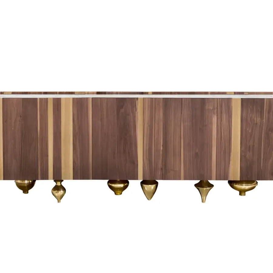 Exclusive Il Pezzo Mancante Il Pezzo 1 sideboard crafted in alternating American walnut and ash wood with natural oil finish and white Carrara marble top