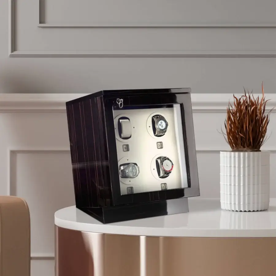 Exquisite Agresti watch winder chest in glossy dark brown wood with ruthenium brass details and glass door