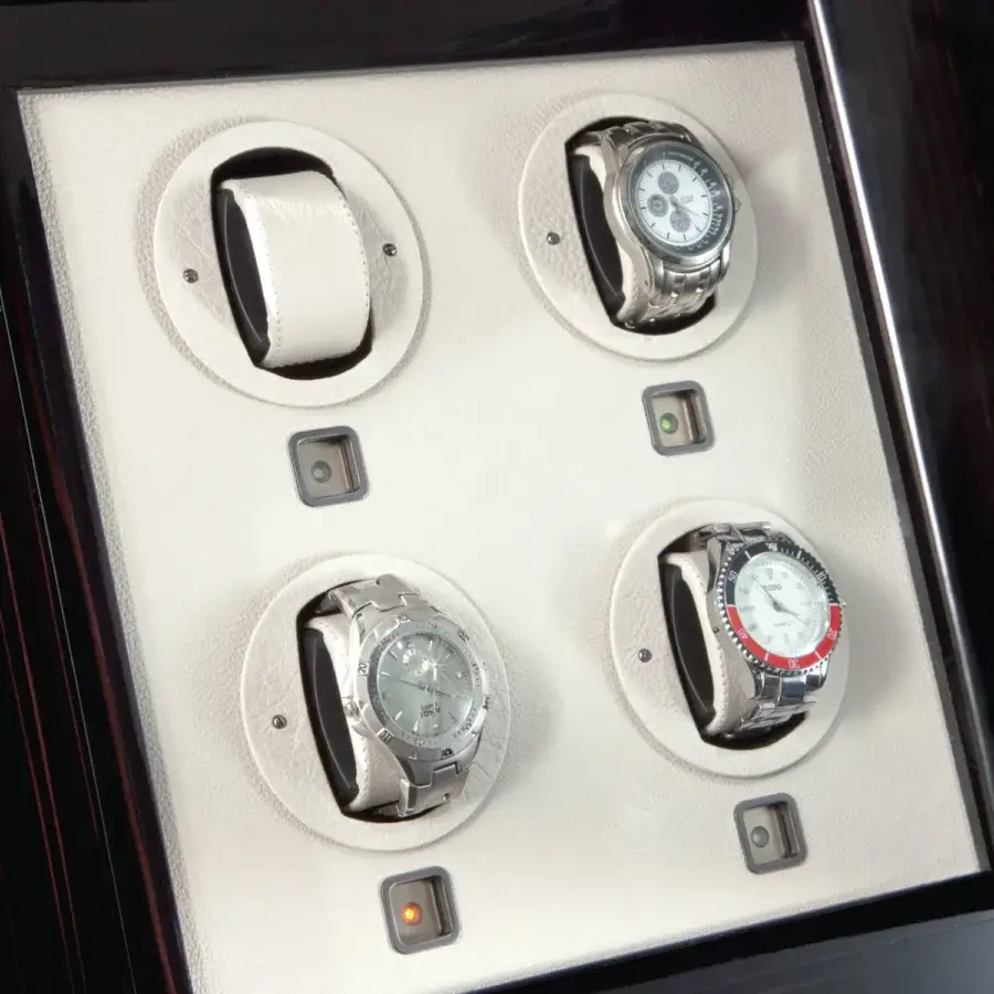 Elegant Agresti Il Passatempo watch winder chest in deep brown vertical grain wood with ruthenium brass and glass cabinet