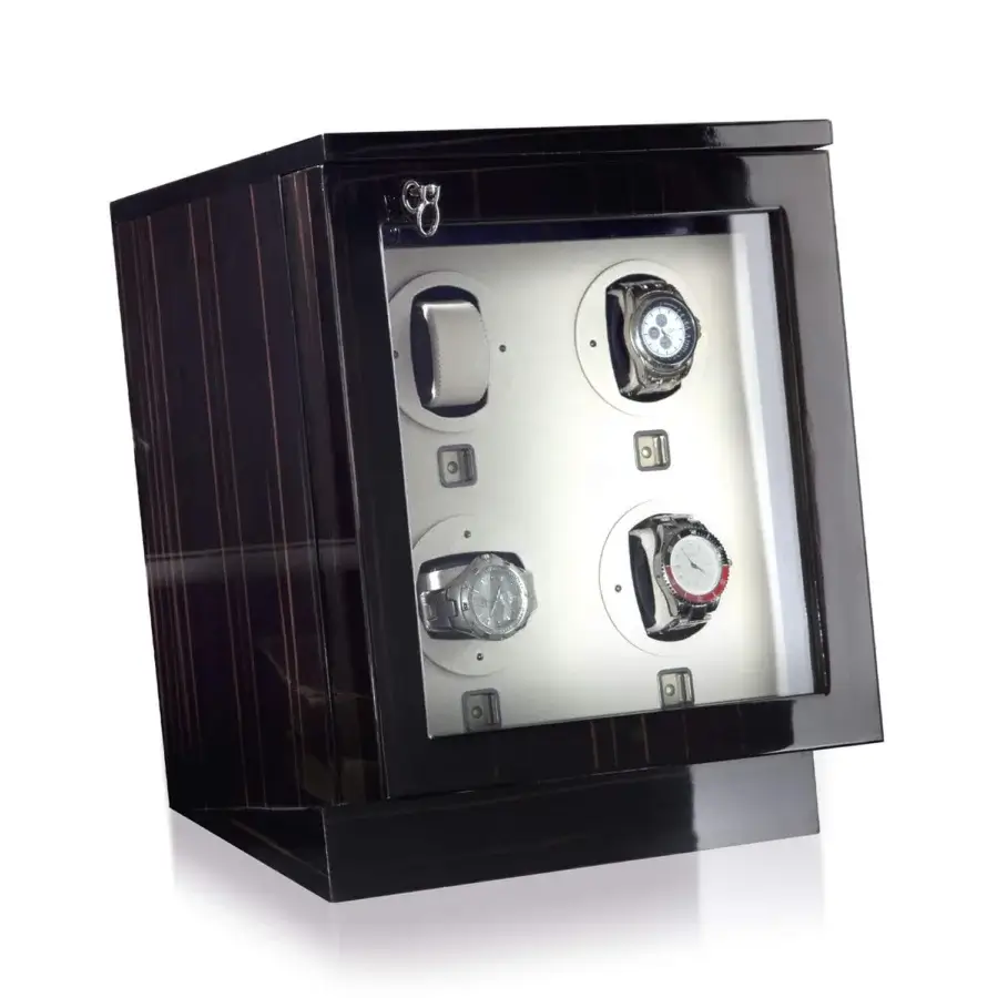 Luxury Agresti Il Passatempo watch winder chest in wood with glass door ruthenium details and leather interior