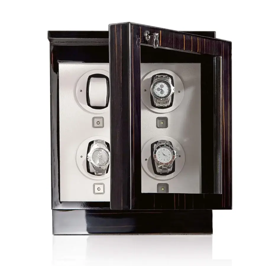 Elegant Agresti Il Passatempo watch winder chest crafted from dark wood with ruthenium brass details and glass door front