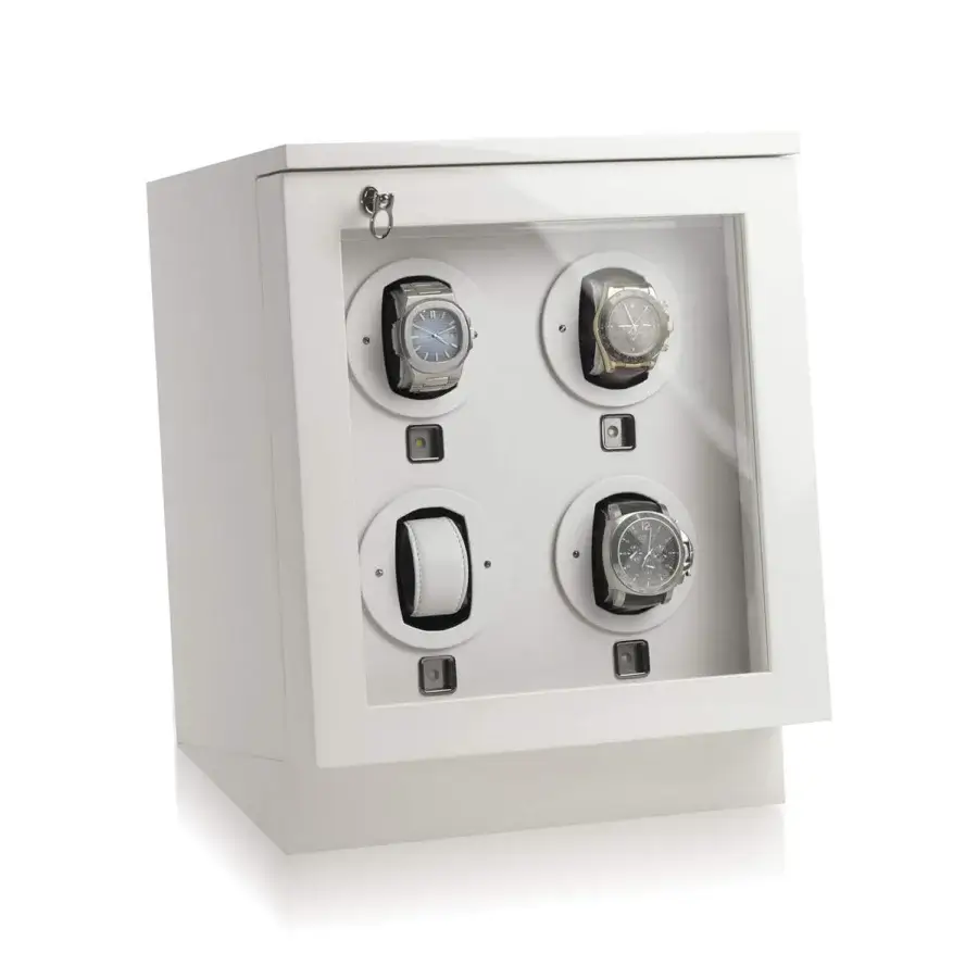 Sleek Agresti Il Passatempo watch winder chest in glossy white wood with ruthenium brass details and glass door