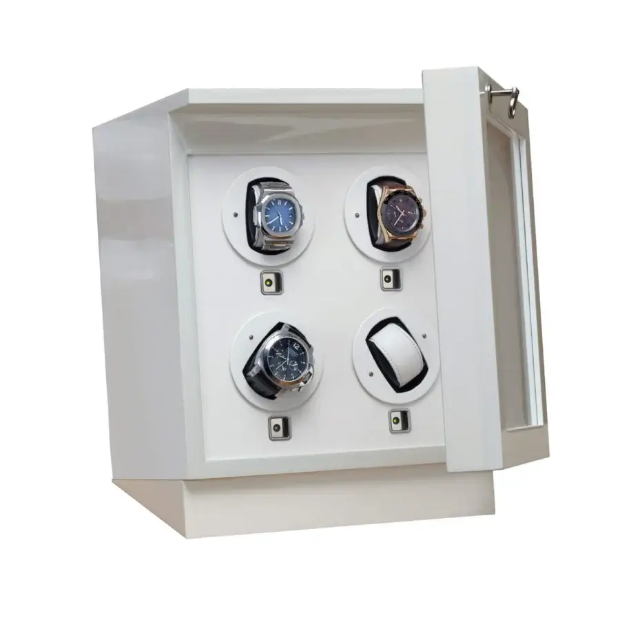 Sophisticated Agresti Il Passatempo watch winder chest in high-gloss white finish with refined ruthenium brass hardware