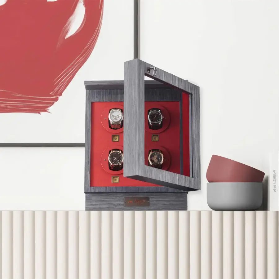 Exquisite Agresti Il Passatempo watch winder chest in matte grey wood with red leather and ruthenium brass details