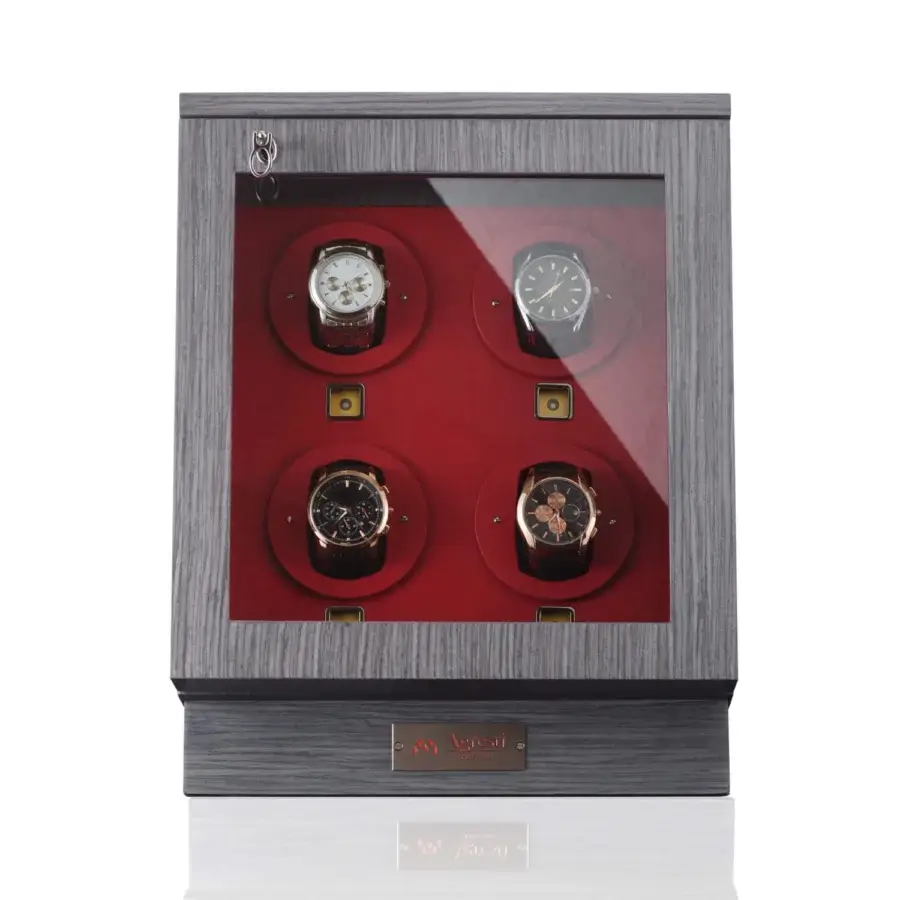 Sophisticated Agresti Il Passatempo watch winder chest crafted in dark gray textured wood with red textile interior accents