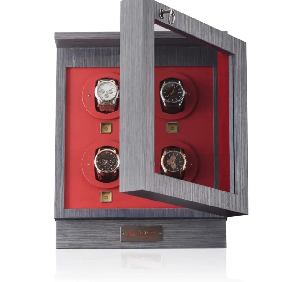 Exquisite Agresti Il Passatempo chest in dark gray matte wood with red interior lining and ruthenium brass details