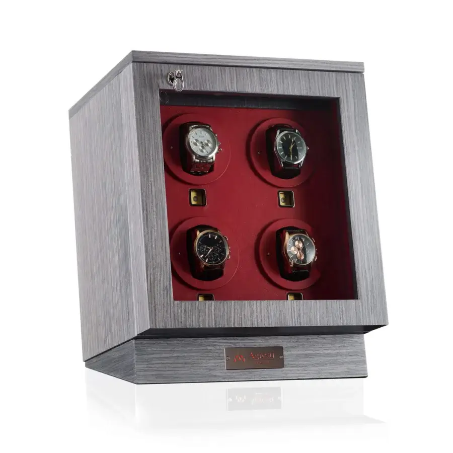 Luxury Agresti Il Passatempo chest crafted from cool grey wood with crimson interior plus striking ruthenium brass accents
