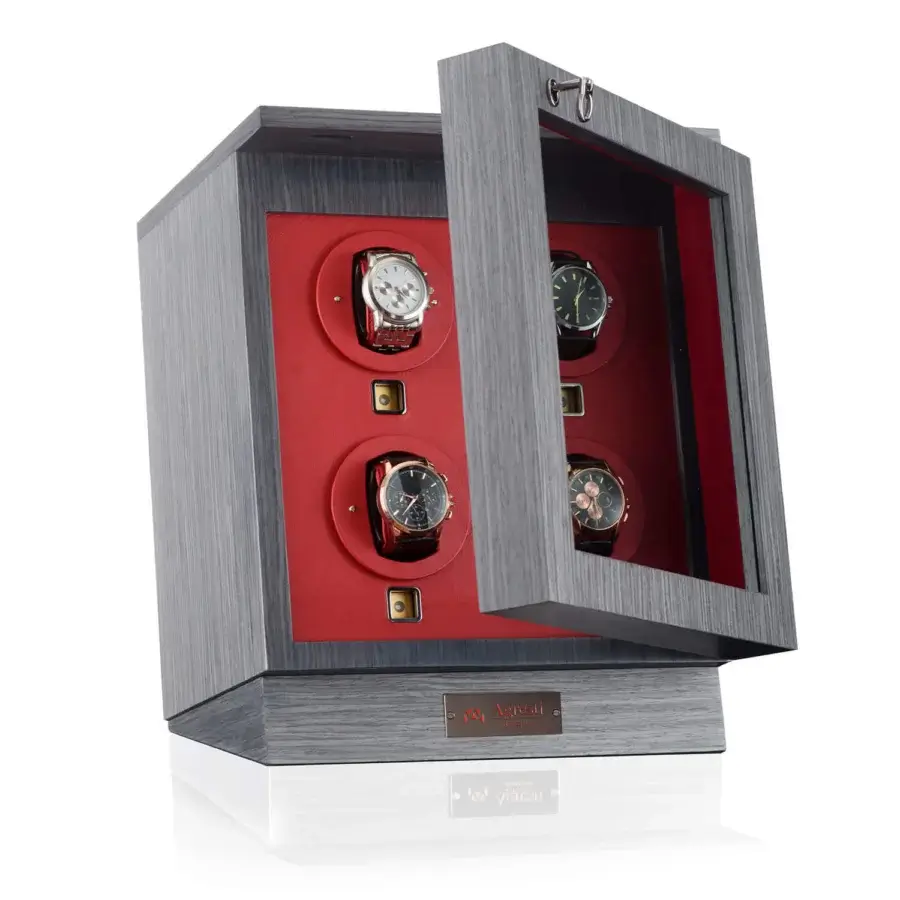 Exquisite Agresti Il Passatempo watch winder chest in matte grey wood with red leather and ruthenium brass hardware