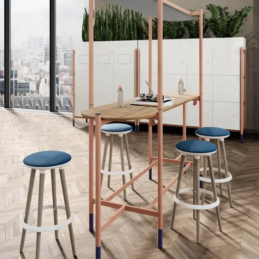 Luxury Codutti 2BE workstation table featuring wood-grain surface metal framework pink blue accents canopy