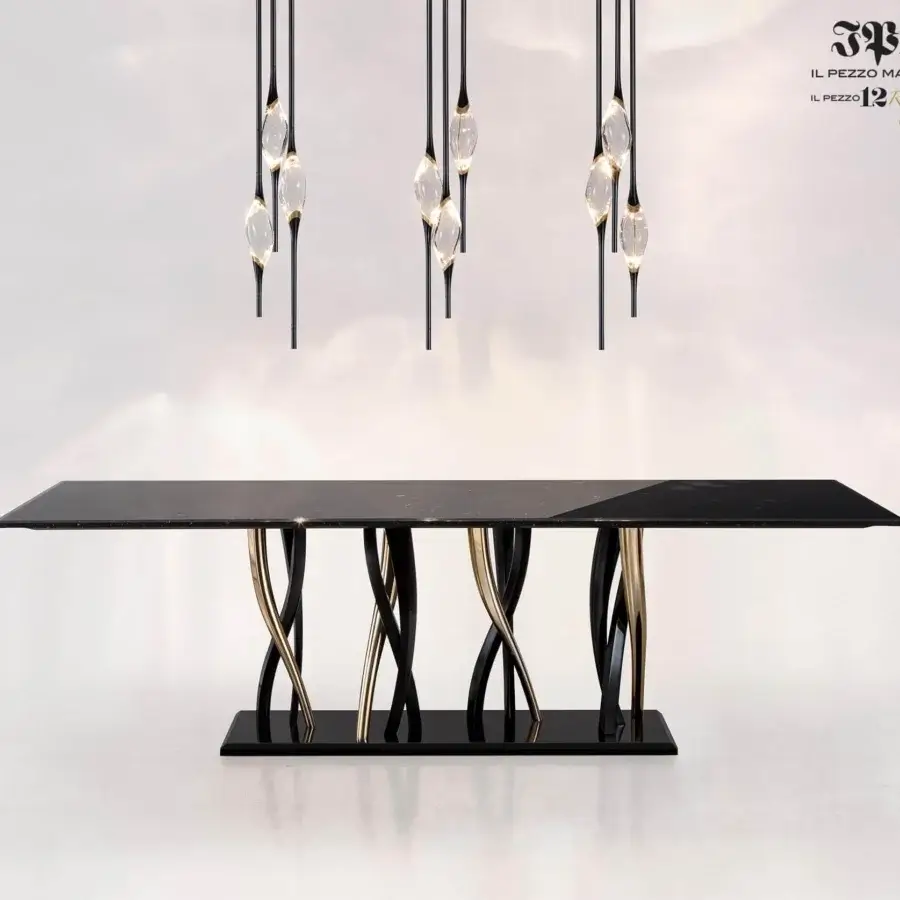 Elegant Il Pezzo Mancante Il Pezzo 12 suspension lamp crafted in clear crystal and refined brass with sleek black metal components