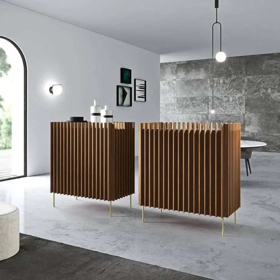 Architectural Presotto Kengo cupboard with dark brown wooden slats and lacquered interior built with slender gold cylindrical legs