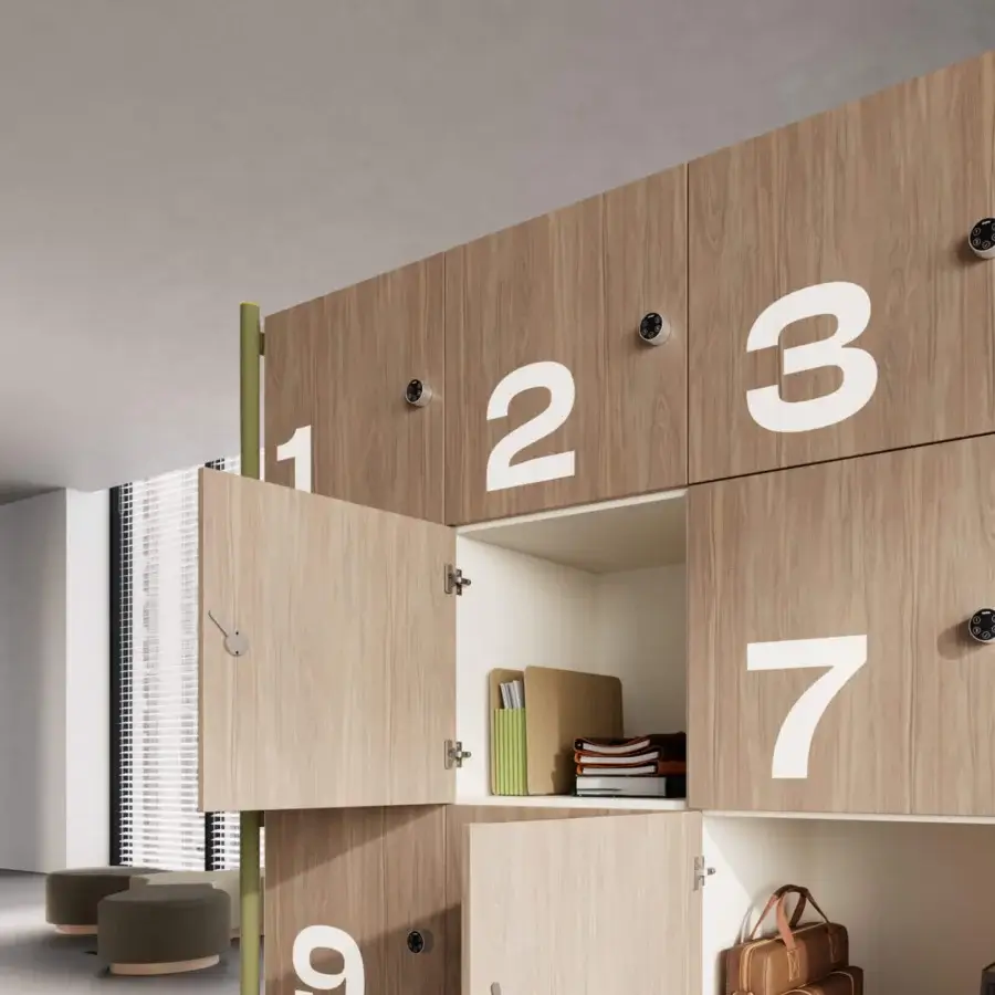 Luxury Codutti 2BE lockers in light brown wooden construction with matte finish, white numbers, compartments, metal hardware