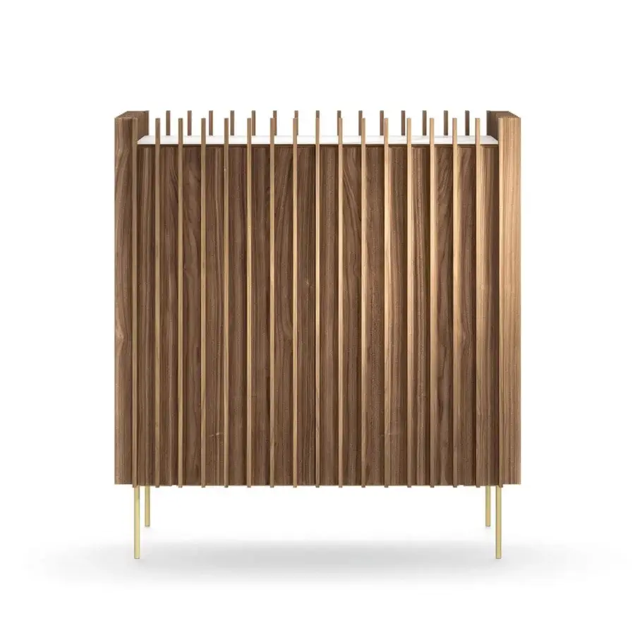 Exclusive Presotto Kengo cupboard with medium brown wood and lighter tan vertical slats built with golden metal legs