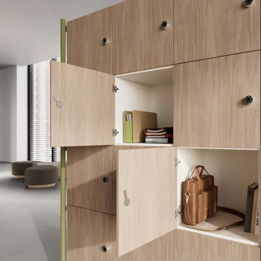 Refined Codutti 2BE office lockers in wood and metal with digital locks