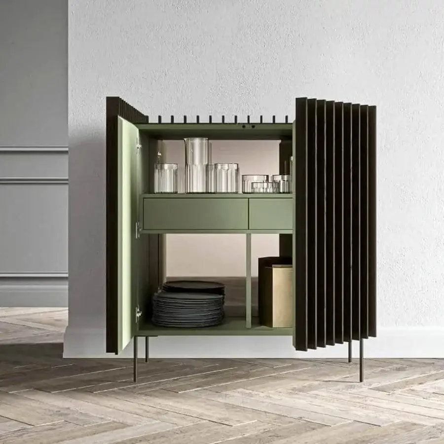 Distinguished Presotto Kengo cupboard with ribbed dark brown wood exterior and matte muted green lacquered interior built with glass shelves and wooden drawers