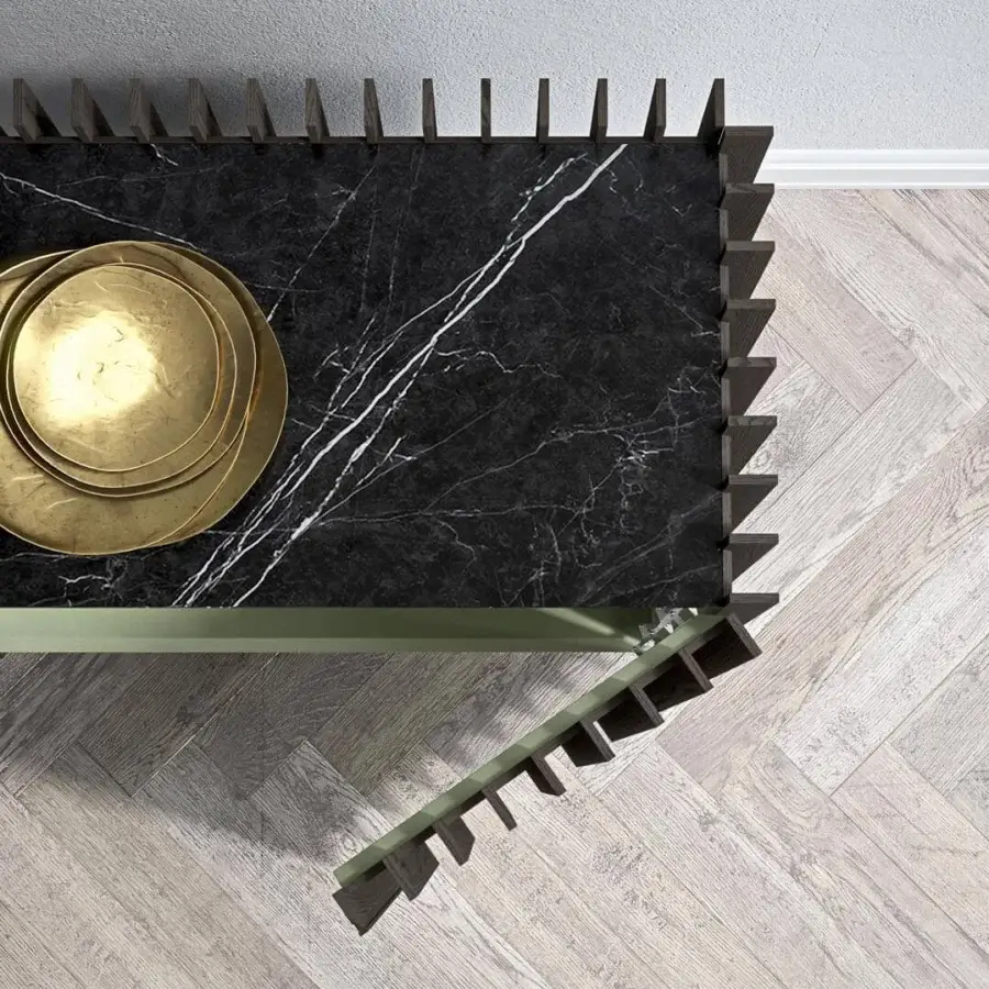 Exceptional Presotto Kengo cupboard with black marble-patterned top and green lacquered frame built with vertical wooden slats