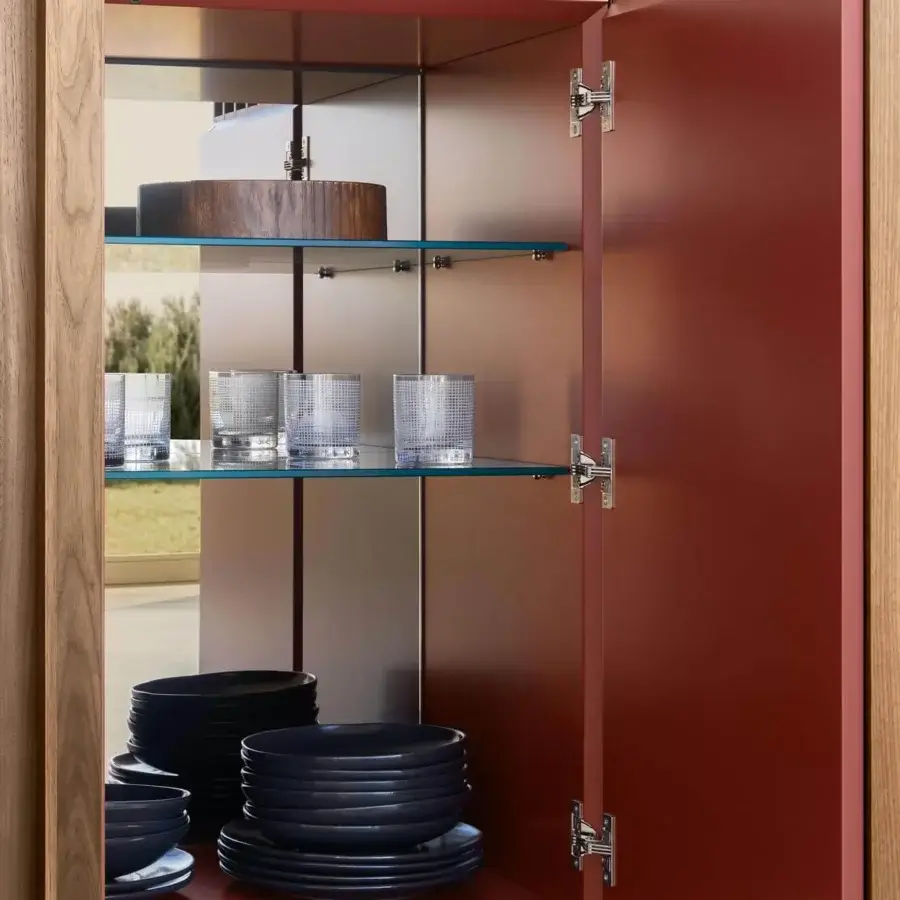 Distinguished Presotto Kengo cupboard crafted with deep red-brown wood and light wood tones, showcasing a lacquered interior with metallic fixtures