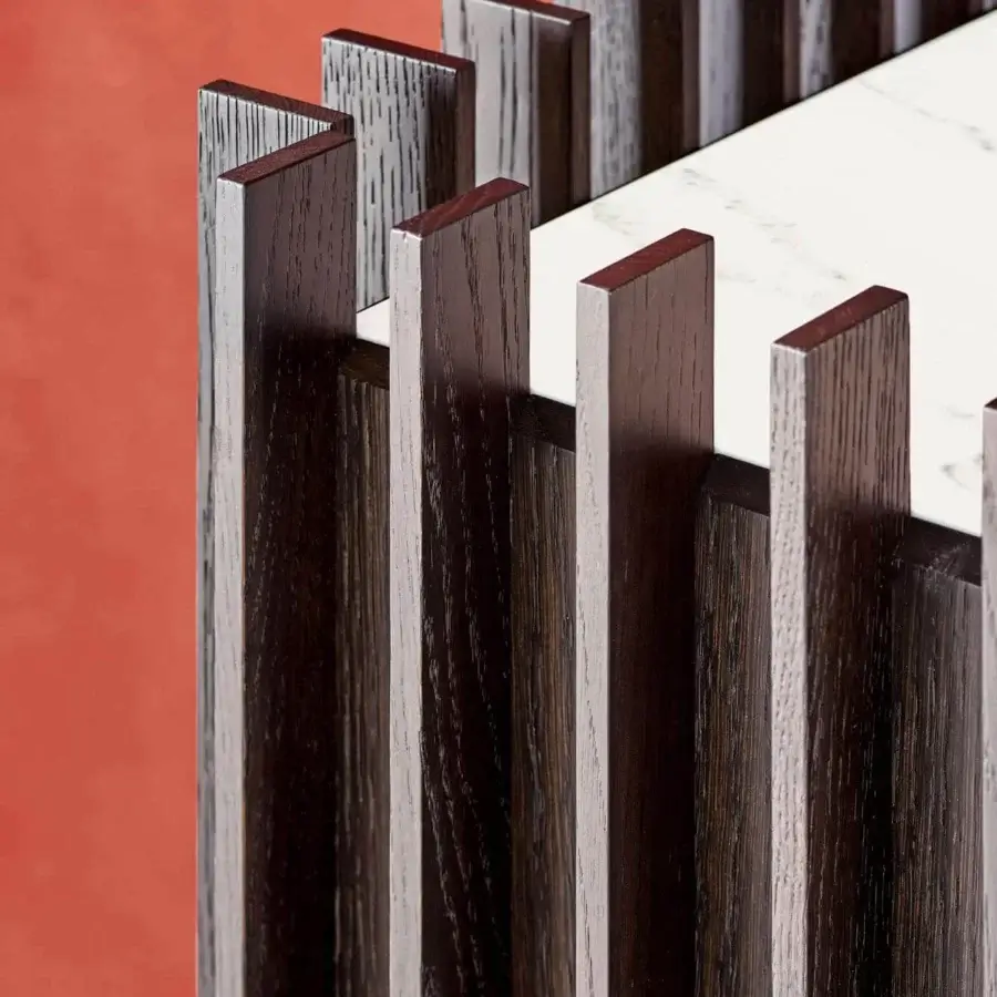 Distinguished Presotto Kengo cupboard with vertically aligned dark wood slats and a contrasting white top in glossy finish
