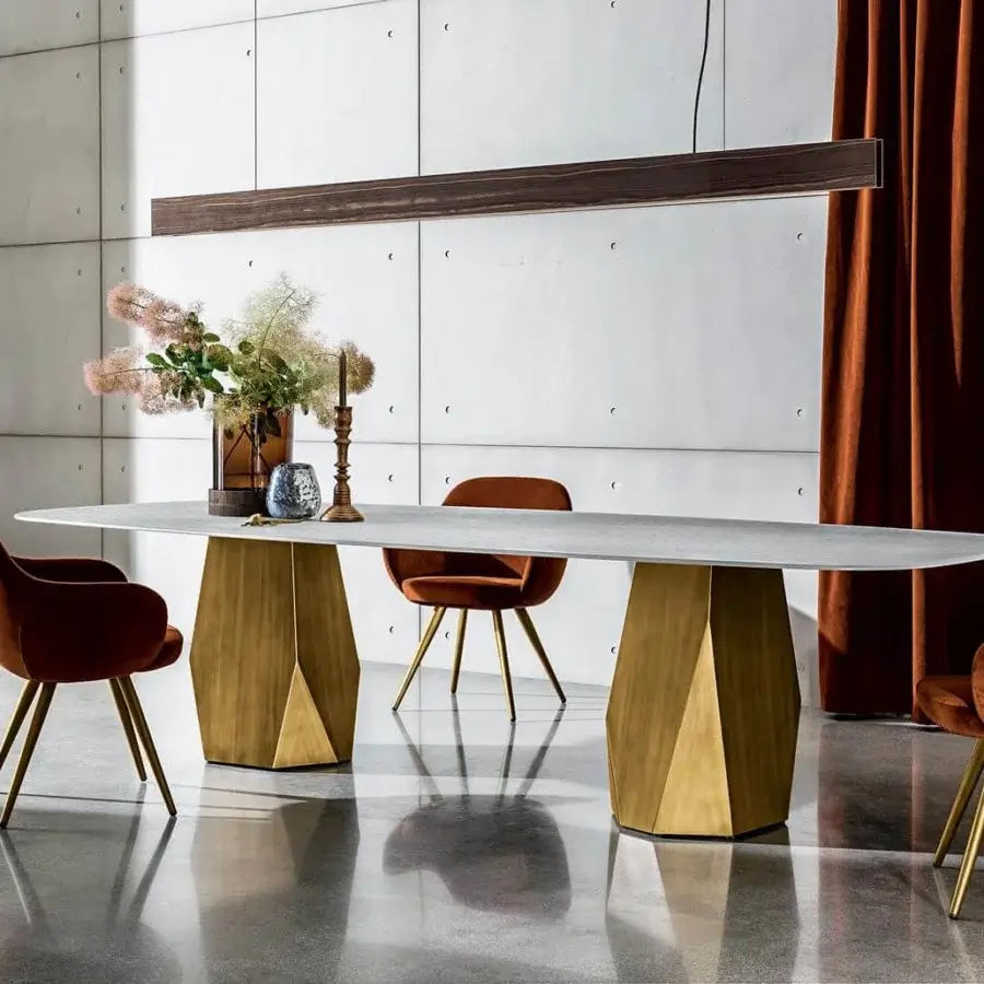 Distinctive Sovet Italia Cadira armchair with warm brown textile upholstery and gold-lacquered metal cone legs