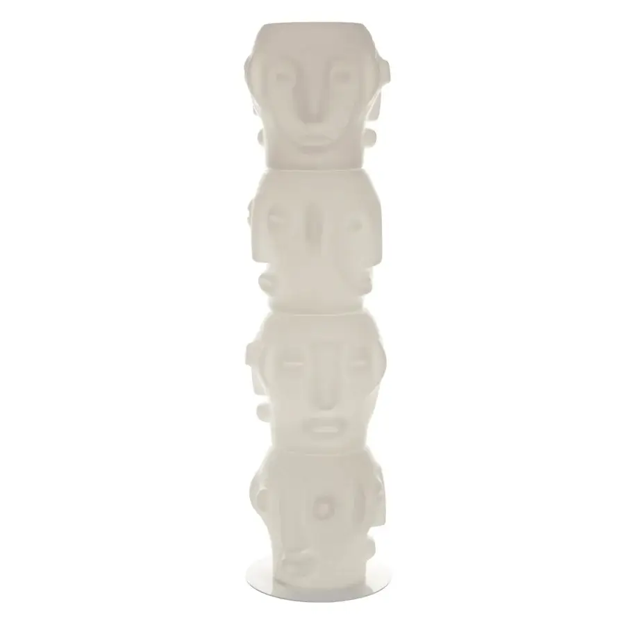 Elegant Slide Threebù floor lamp with vertical totem silhouette and sculpted facial reliefs in matte synthetic off-white