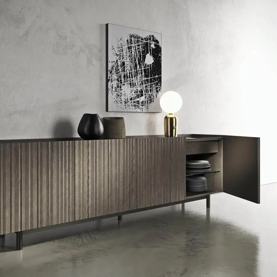 Captivating Presotto Ori sideboard with origami-style wood veneer and a solid metal base crafted in a refined medium-toned brown finish