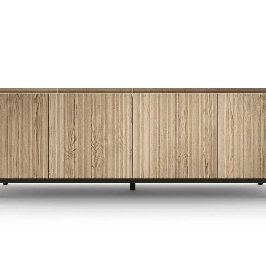 Superior Presotto Ori sideboard with captivating origami-style doors in light brown wood veneer and a sleek dark metal base