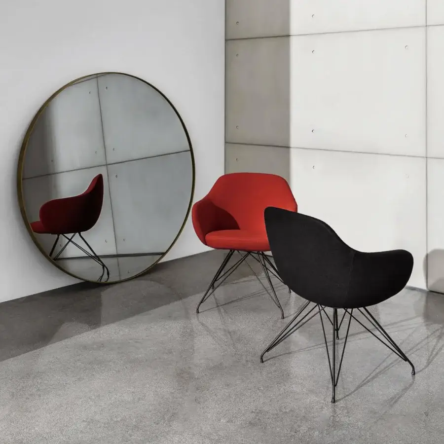 Distinguished Sovet Italia Cadira armchair with textured red upholstery and lacquered matte black metal base