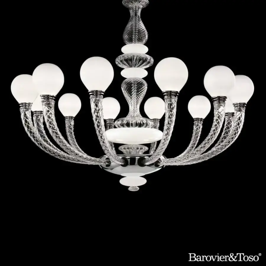 Distinguished Barovier&Toso Pigalle chandelier crafted in glass and metal with a shiny reflective finish and white diffusers