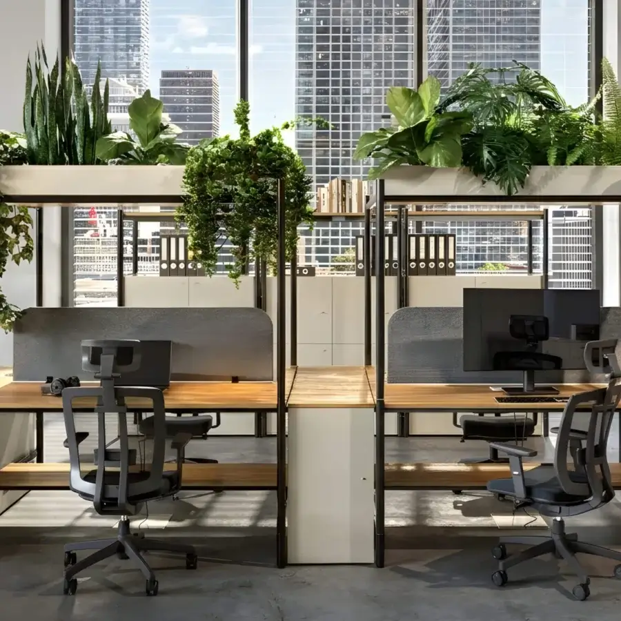 Luxury Codutti 2BE workstation desk in smooth wood with matte charcoal metal structure and light privacy planter troughs