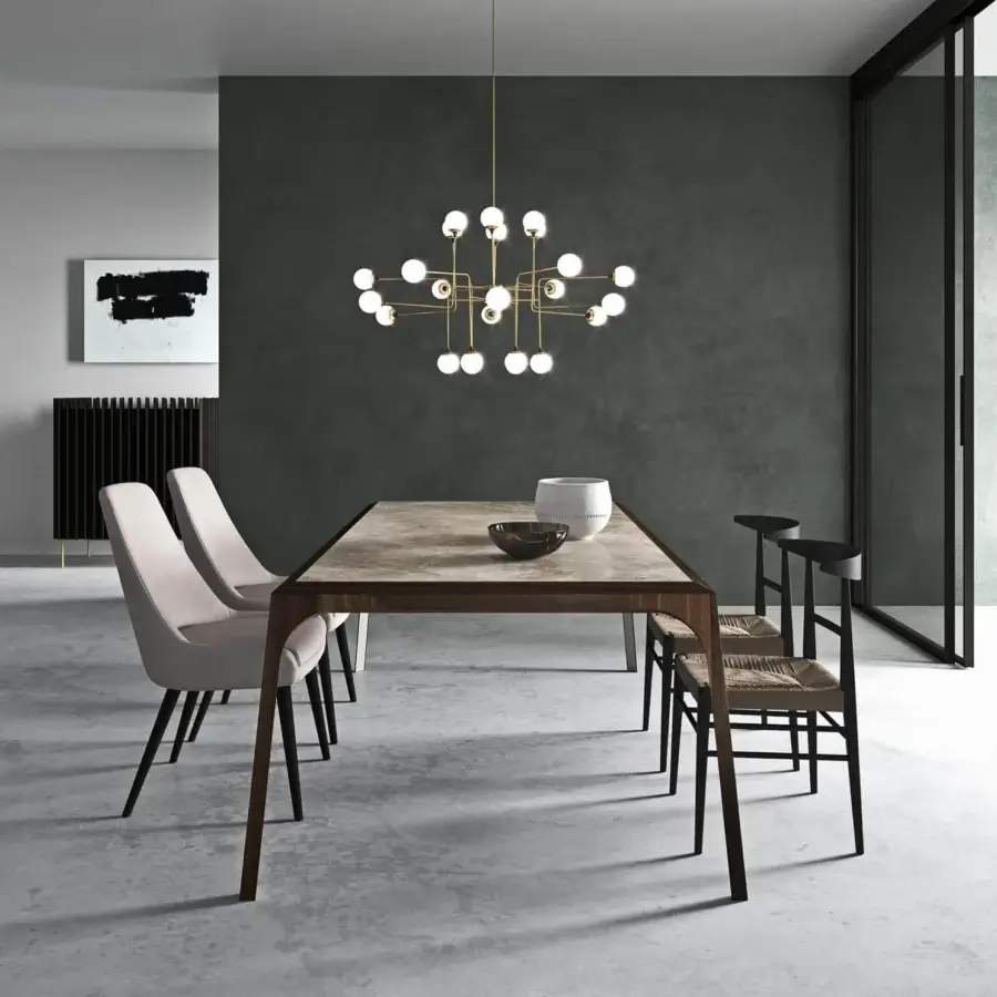 Superior Presotto Relevè table crafted in dark oak with a stone-like brown and gray ceramic top