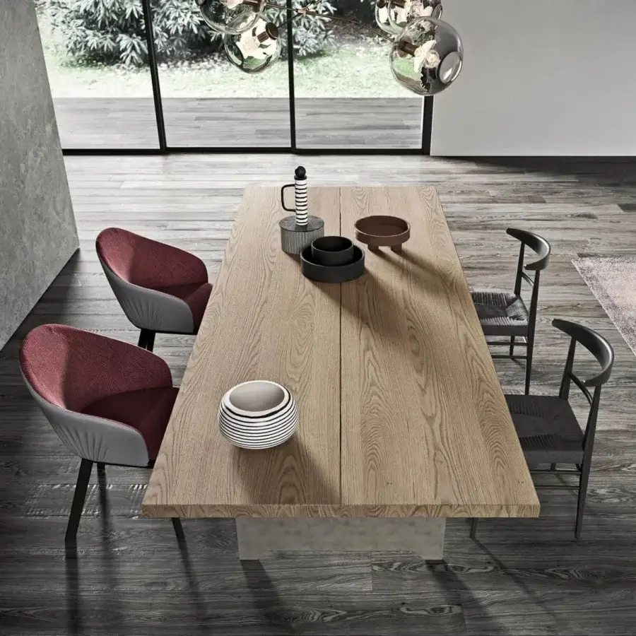 Distinctive Presotto Diadro table with a light-toned wooden top and concrete-looking light grey metal base