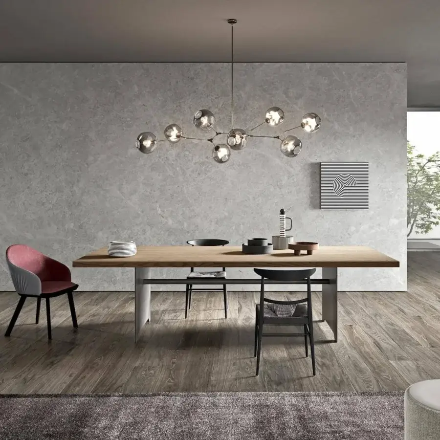 Sophisticated Presotto Diadro table with a light to medium brown wooden top and light gray metal base in a matte finish