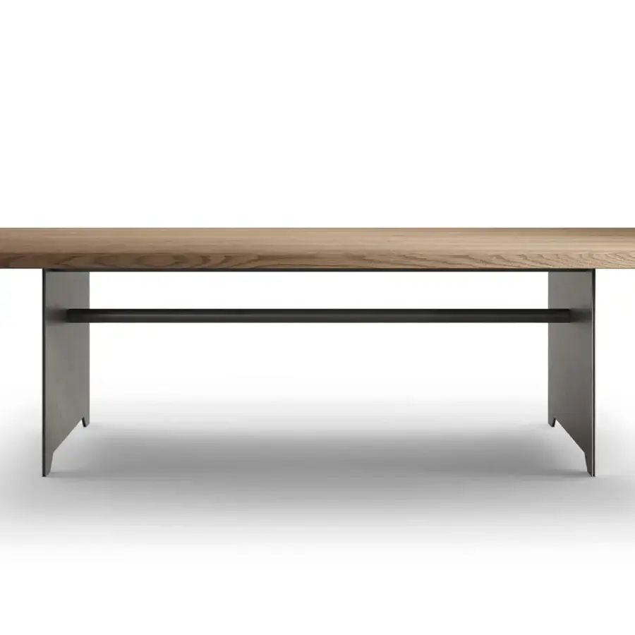 Distinguished Presotto Diadro table with a light brown wood-grain top and dark matte metal base crafted in Italy