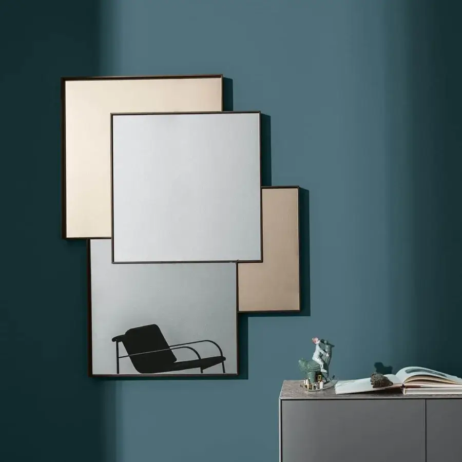 Sophisticated Sovet Italia Combi mirror with four contrasting silver and beige mirror panels in lacquered mocha aluminum framing