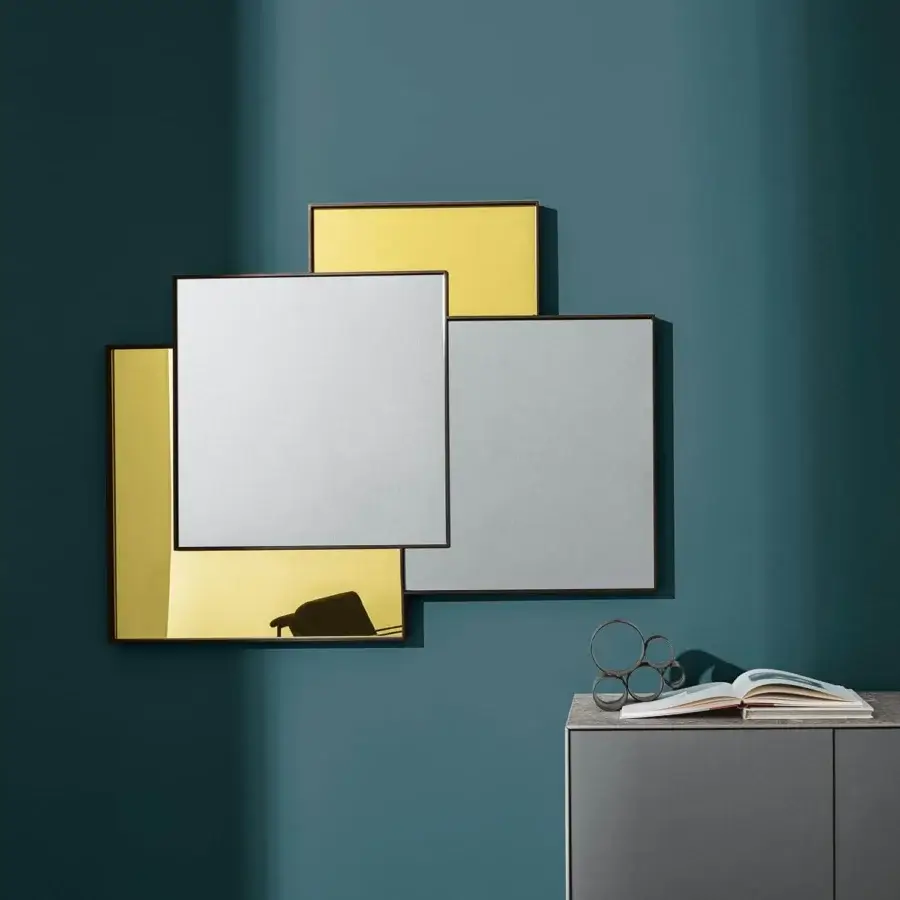 Lavish Sovet Italia Combi mirror with geometric squares crafted in lacquered aluminum and silver-toned mirrored surfaces with gold accents